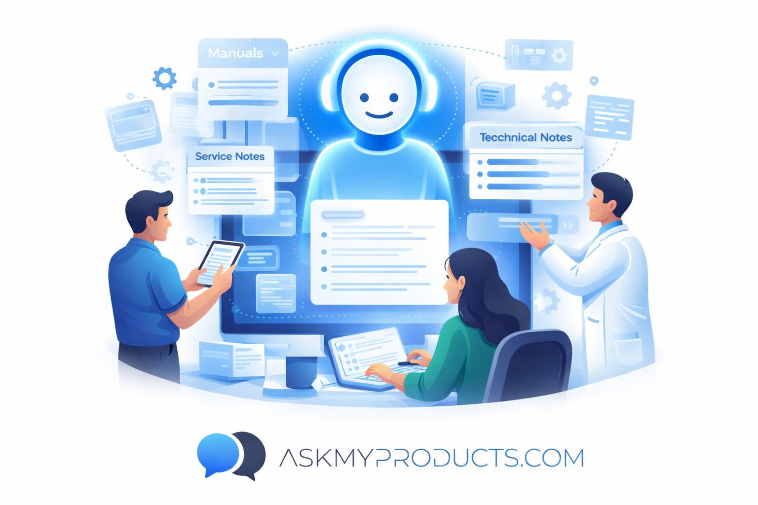 Illustration showing product documents being transformed into a digital assistant for a team.